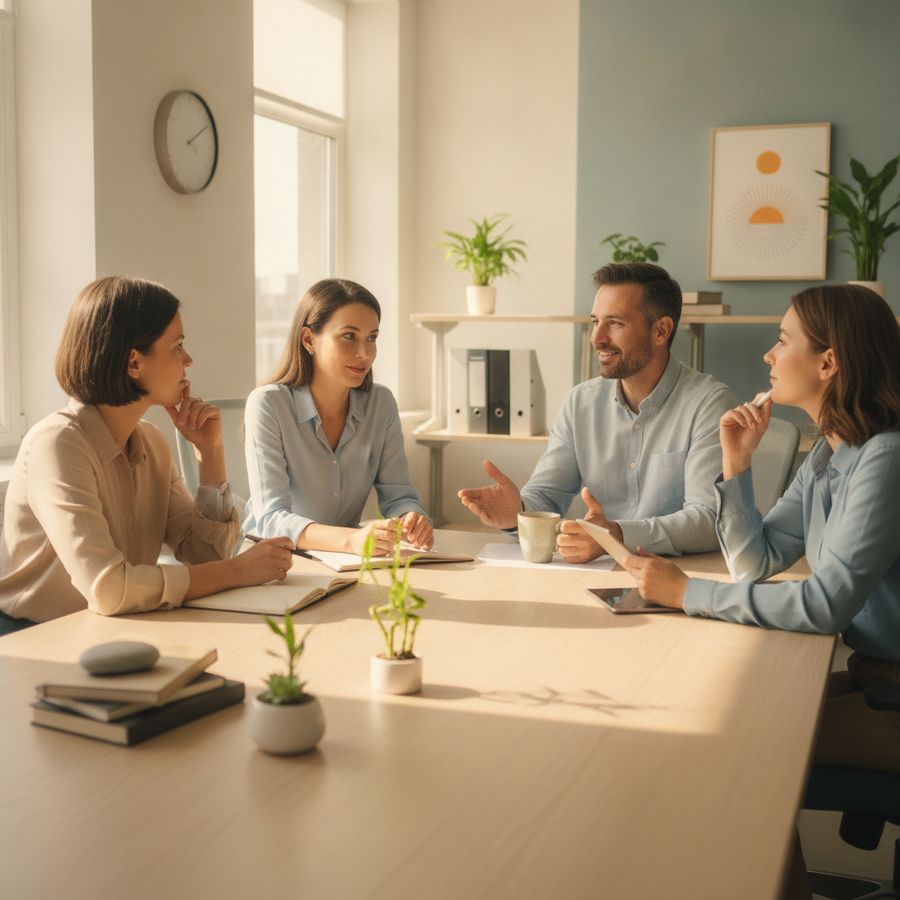 Drie collega's overleggen ontspannen aan een tafel in een lichte werkruimte met een open en rustige sfeer.