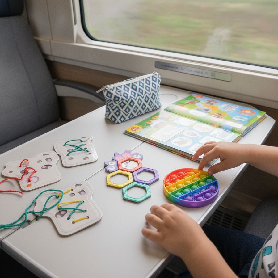 Neat quiet travel toys on a train table as a child reaches for a small activity.
