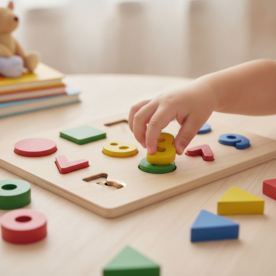 Mani di un bambino che sistemano pezzi in legno con numeri e forme su un tavolo chiaro.