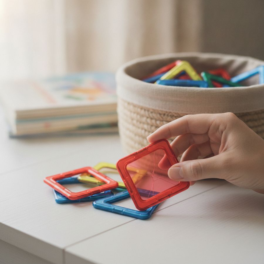 An adult checks magnetic toy pieces on a table beside a basket in soft natural light.