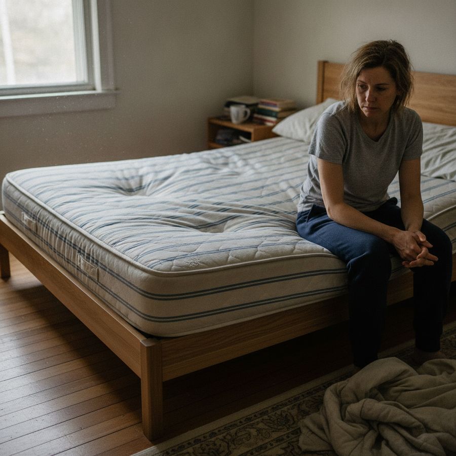 Adult sitting on the edge of a sagging mattress in a bright bedroom, noticing uneven support.