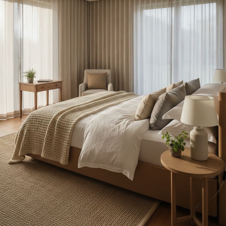 Bright modern bedroom with a neatly dressed mattress, soft natural bedding and fresh morning light.