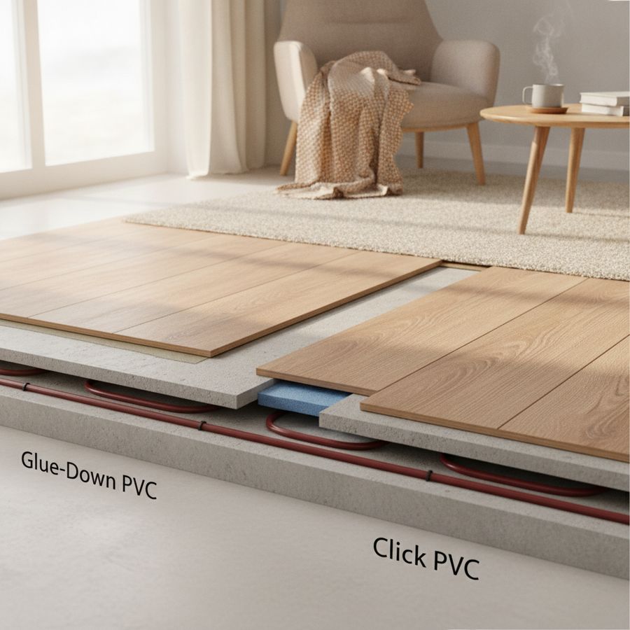 Warme woonkamer met PVC-vloer boven vloerverwarming en zichtbaar verschil in vloeropbouw.