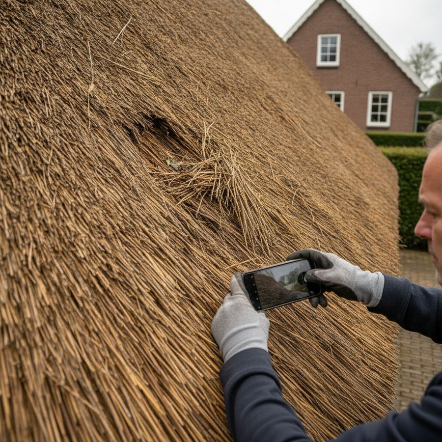 Bewoner maakt bij daglicht foto's van beschadigd riet op het dak na een storm.
