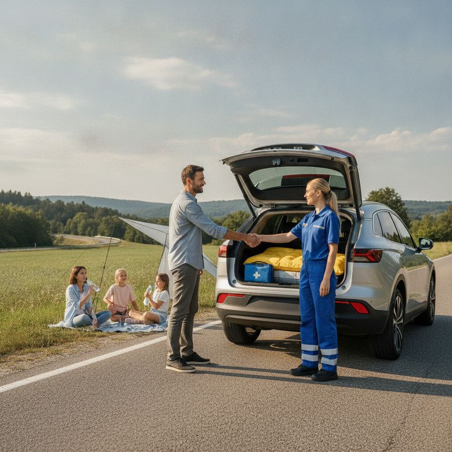 Bestuurder krijgt hulp bij een auto langs de weg op een heldere dag.