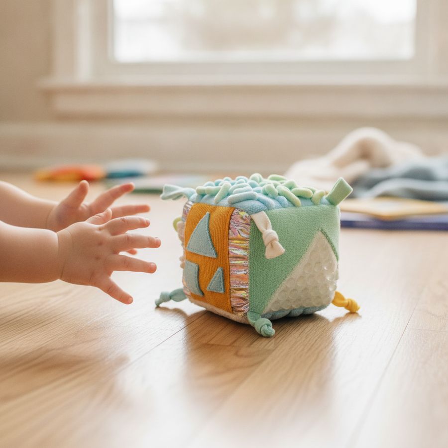 Taaperon kädet kurkottavat monipuolisen aistikuution eri pintoja kohti valoisalla puulattialla.