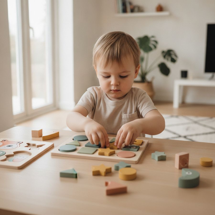 Barn sitter fokuserat och sorterar träformer medan ett pussel växer fram på bordet.
