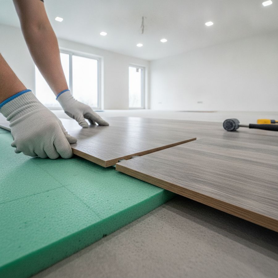 Handen leggen klik-PVC op een stevige onderlaag boven een vlakke vloer in helder licht.