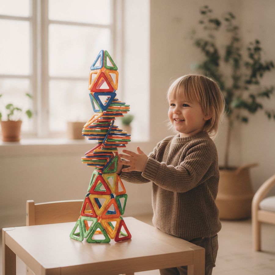 Førskolebarn smiler ved siden av et høyt og stabilt byggverk laget av magnetiske deler.