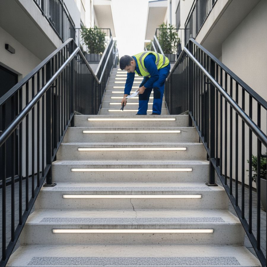 Apartment stairs and walkway with handrails, bright lighting, and a worker inspecting the area.