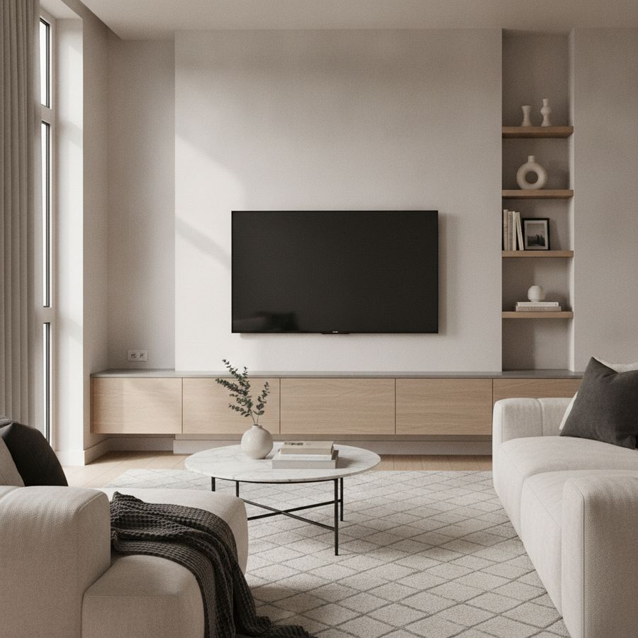 Moderne woonkamer met strak tv meubel, zwevend scherm en opgeruimde styling in zacht daglicht.