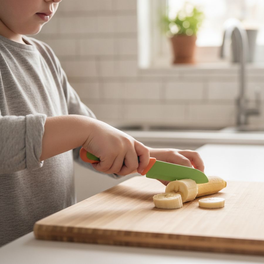 Små hender kutter myk frukt med barnesikker kniv på en skjærefjøl i godt lys.