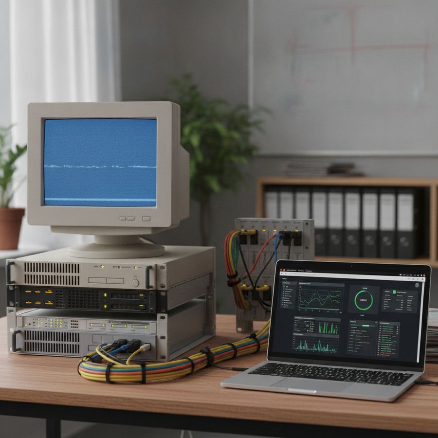 Oud computersysteem naast modern apparaat in nette serverruimte met heldere verlichting en rustige sfeer.