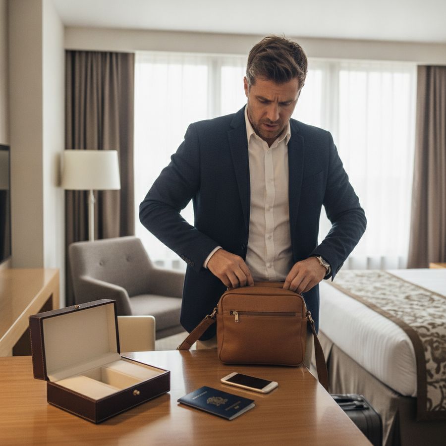 Reiziger zoekt in tas en jaszak naast een open horlogedoos op een lichte hotelkamerbureau.