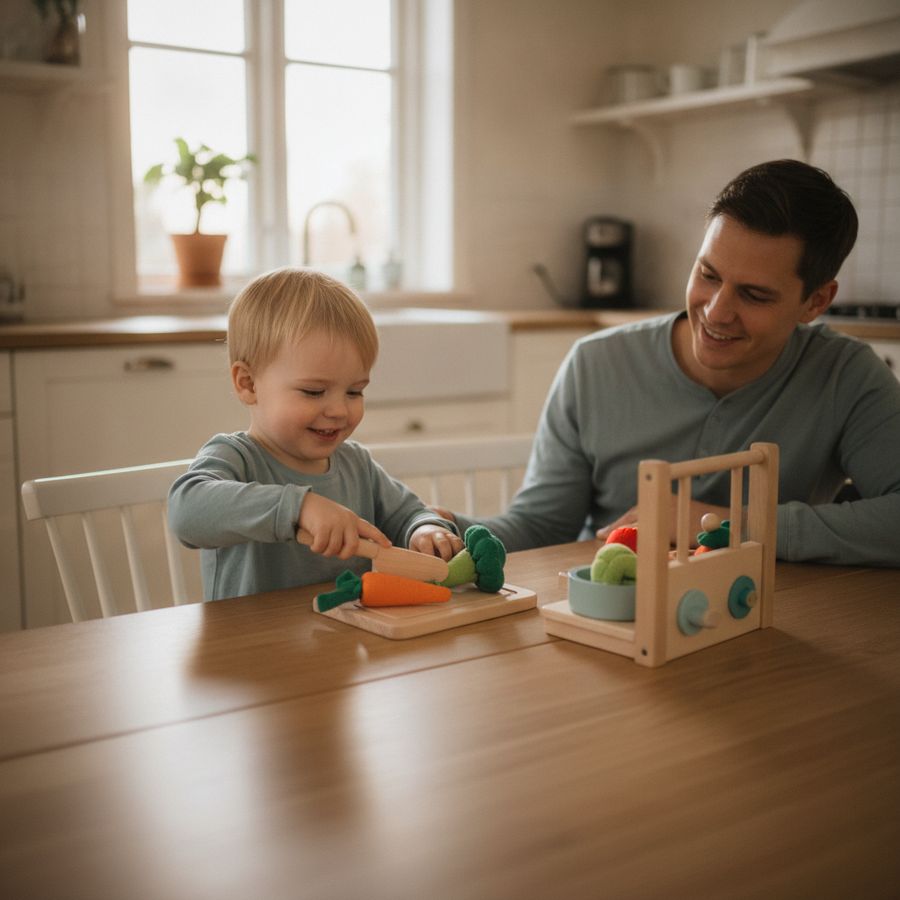 Lite barn leker med et trygt kjøkkensett ved bordet mens en voksen følger med i et lyst kjøkken.