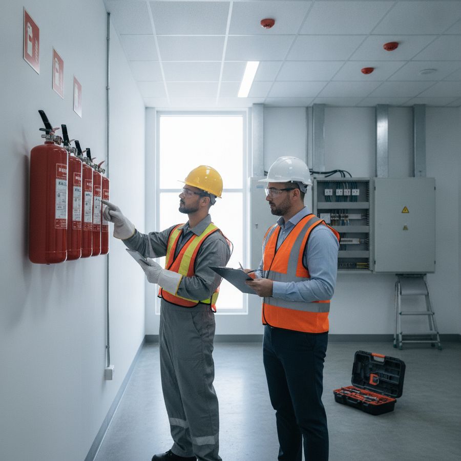 Engineer inspects safety equipment and electrical panels in a bright, orderly commercial facility.