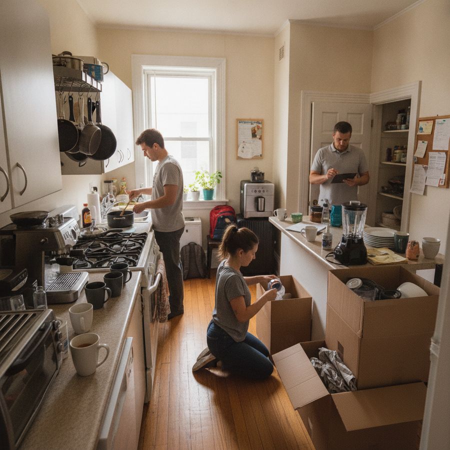 Busy shared kitchen with tenants, packed boxes, and a landlord observing the space in daylight.