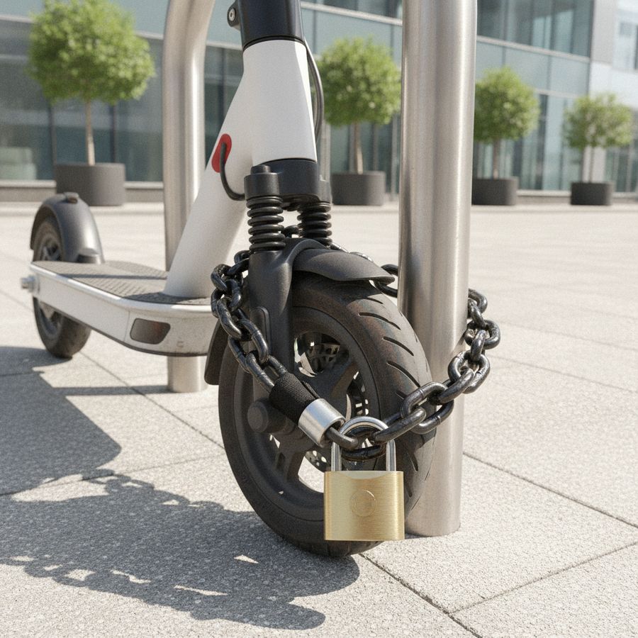 Scooter is met een stevig kettingslot vastgemaakt aan een rek in een heldere stedelijke omgeving.
