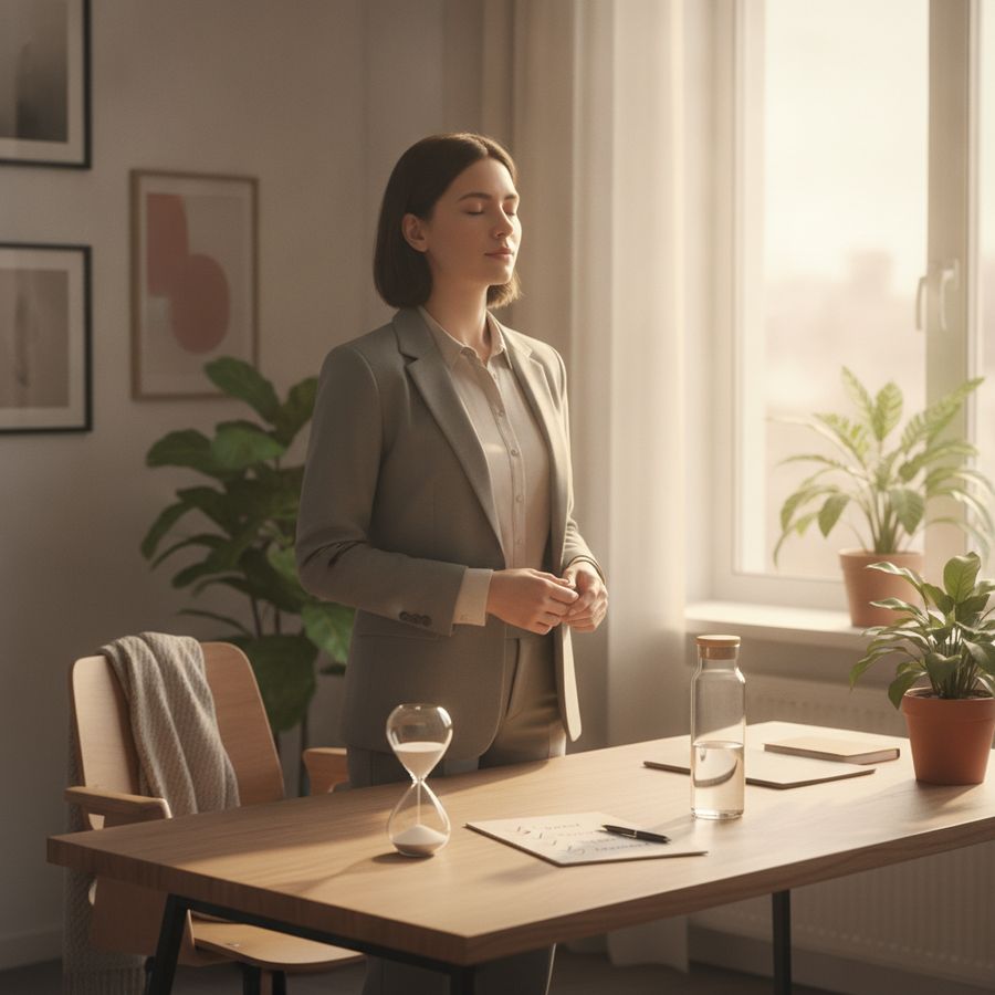 Professional neemt een korte pauze naast een bureau met waterfles en timer in een lichte werkruimte.