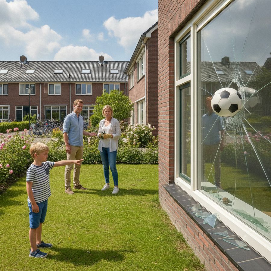 Kind met voetbal bij een huis terwijl twee volwassenen rustig praten naast een kapotte ruit.