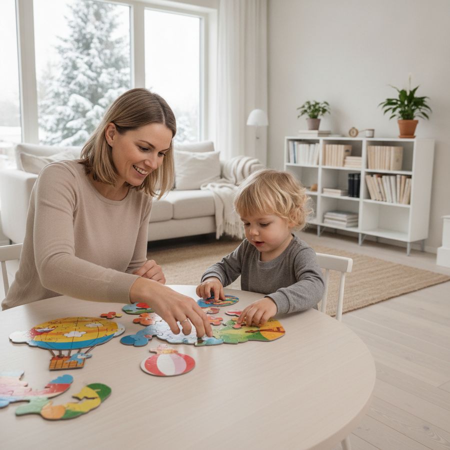 Barn och vuxen lägger färgglatt pussel vid ett träbord i ett ljust vardagsrum.