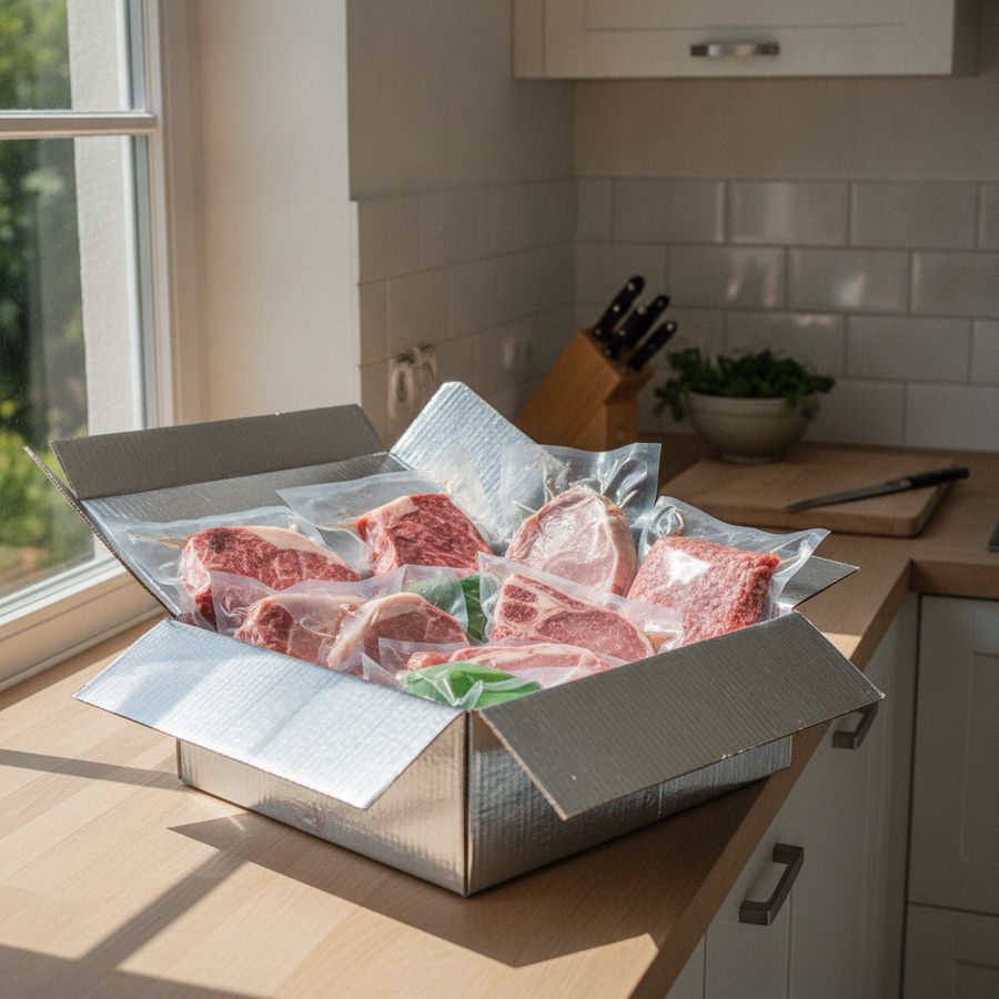 Net verpakt vlees ligt in een open koelbox op een aanrecht in een heldere keuken.