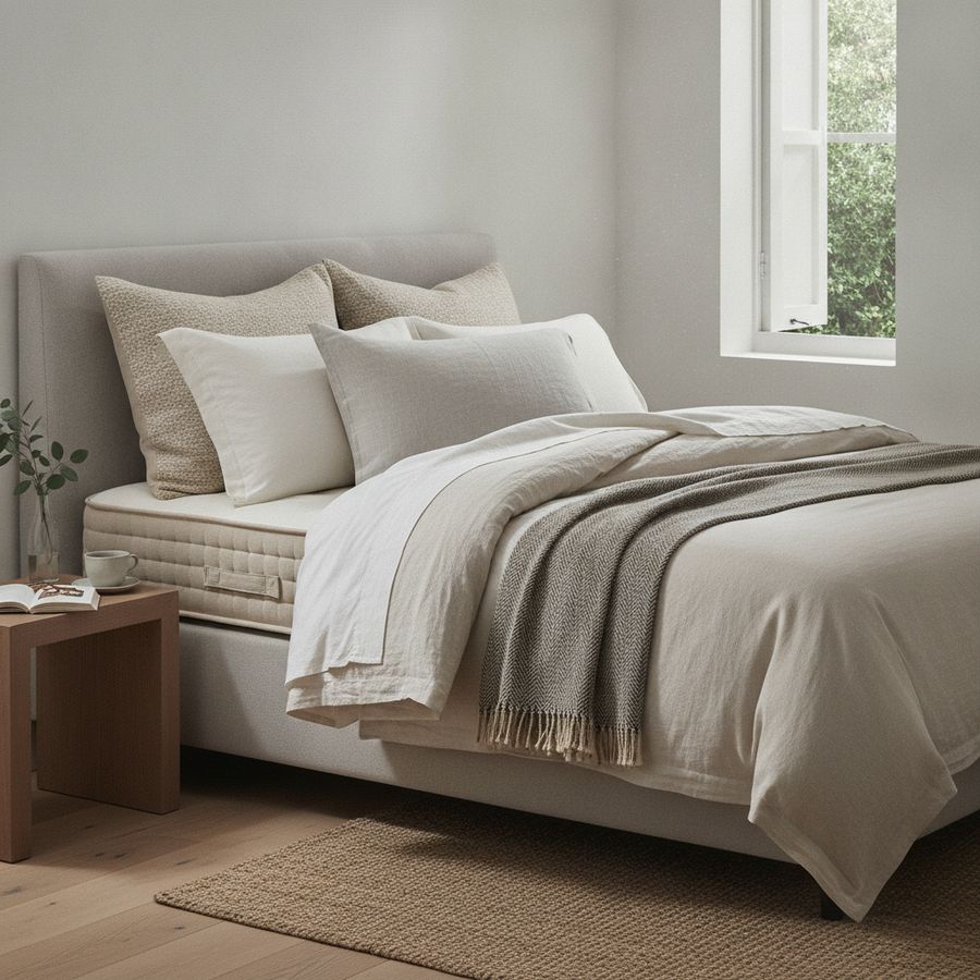 Bright bedroom with a neatly made mattress, layered natural bedding, and soft daylight from an open window.