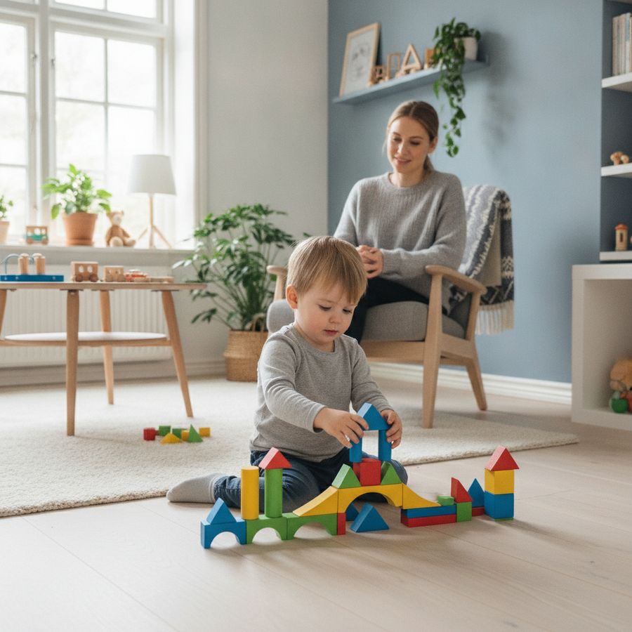 Lapsi rakentaa värikkäillä palikoilla olohuoneen lattialla vanhemman seuratessa vieressä.