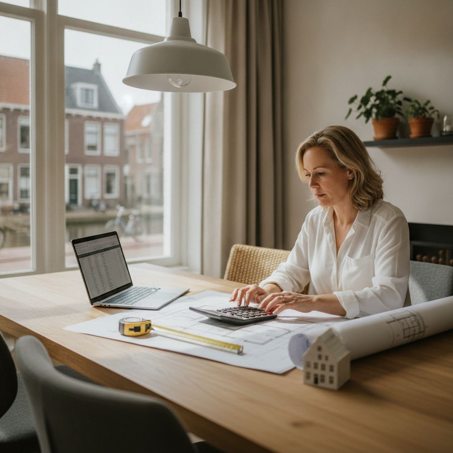 Persoon rekent aan woningkosten met bouwtekening, laptop en maquette aan tafel.