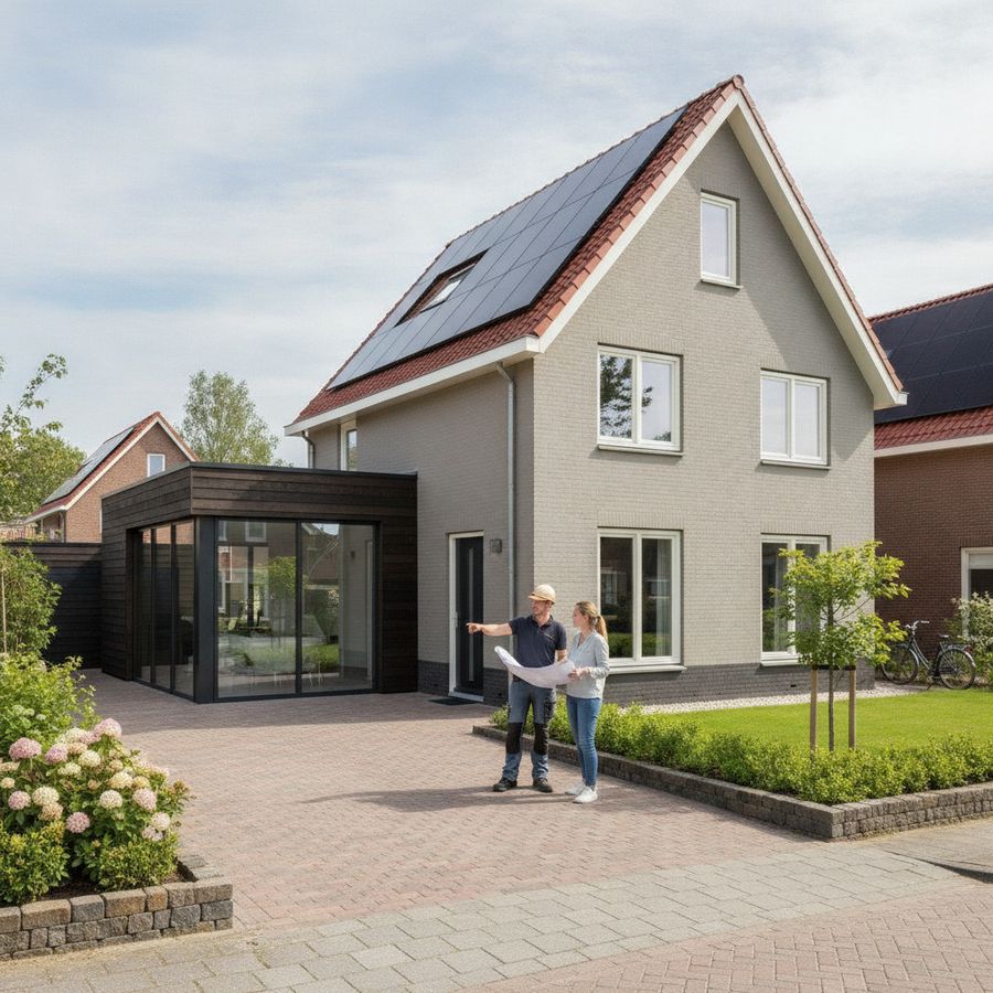 Woning met zonnepanelen, nieuwe uitbouw en twee mensen die het huis buiten bekijken.