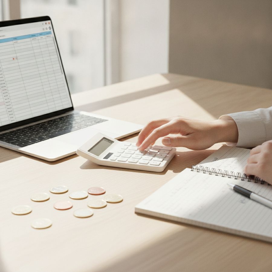 Person using a calculator and laptop at a tidy desk with euro coins and insurance papers.