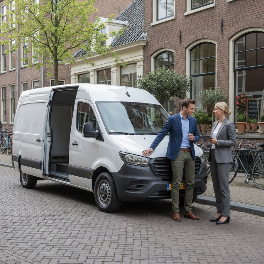 Ondernemer en adviseur bekijken een bedrijfsbus buiten bij een bedrijfspand in een lichte stedelijke omgeving.