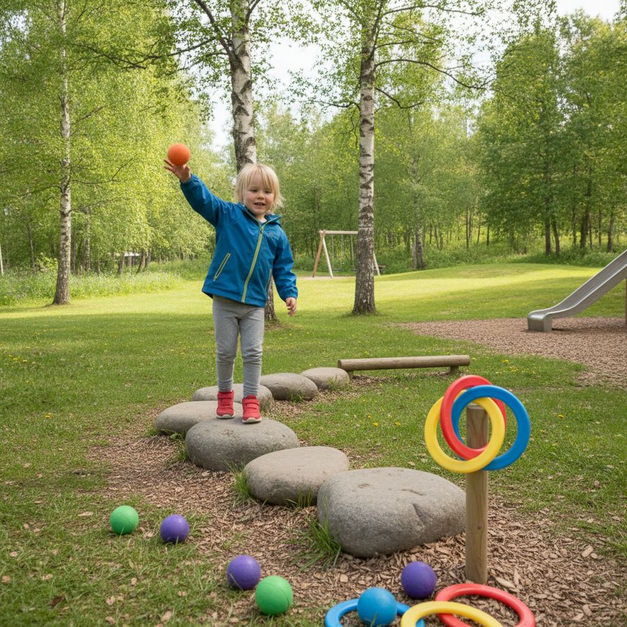 Et barn løper og balanserer i en hinderløype med baller og ringer ute i dagslys.