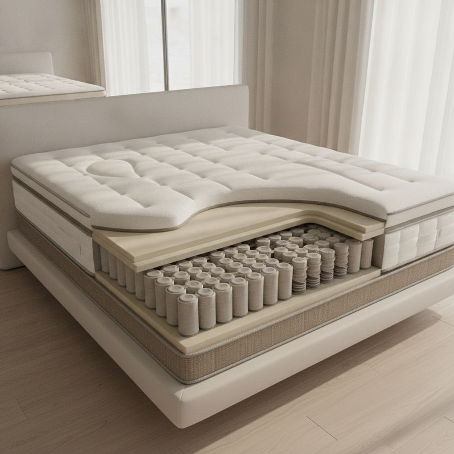 A bright mattress display shows layered support with softer shoulder and hip areas and firmer centre support.