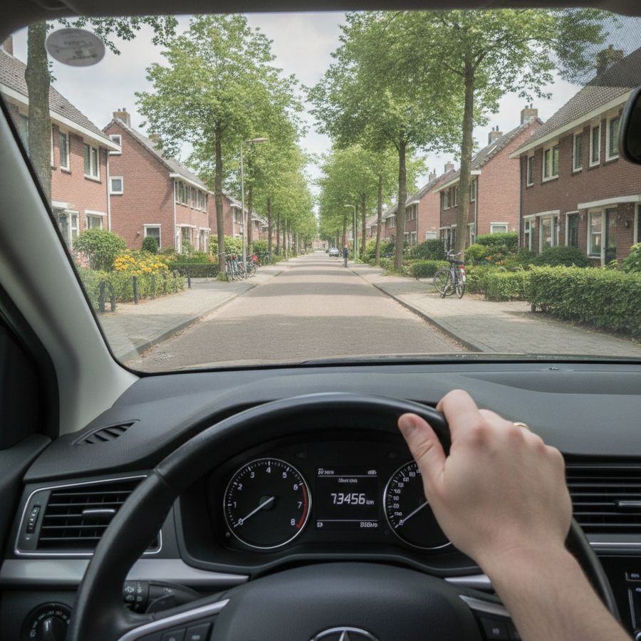 Car interior with odometer visible and a calm suburban road ahead in daylight.