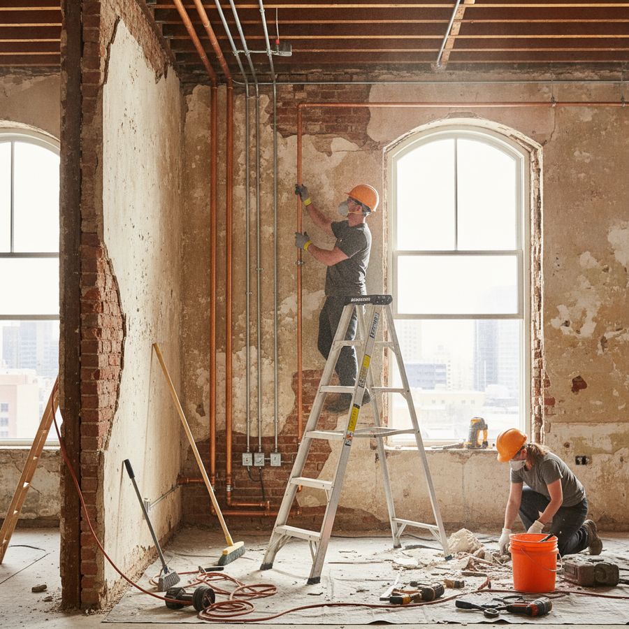 Aannemer bekijkt schade aan een bestaand plafond en muur tijdens renovatie in een ouder pand.