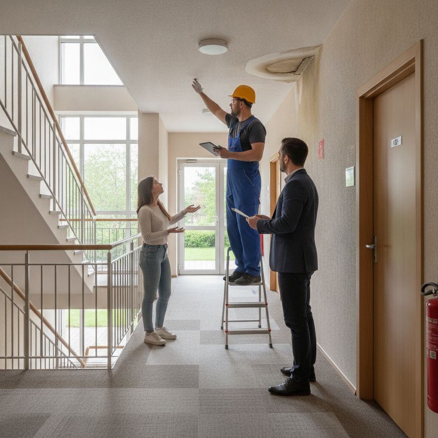 Een beheerder, bewoner en monteur bekijken vochtschade in een helder trappenhuis van een flat.