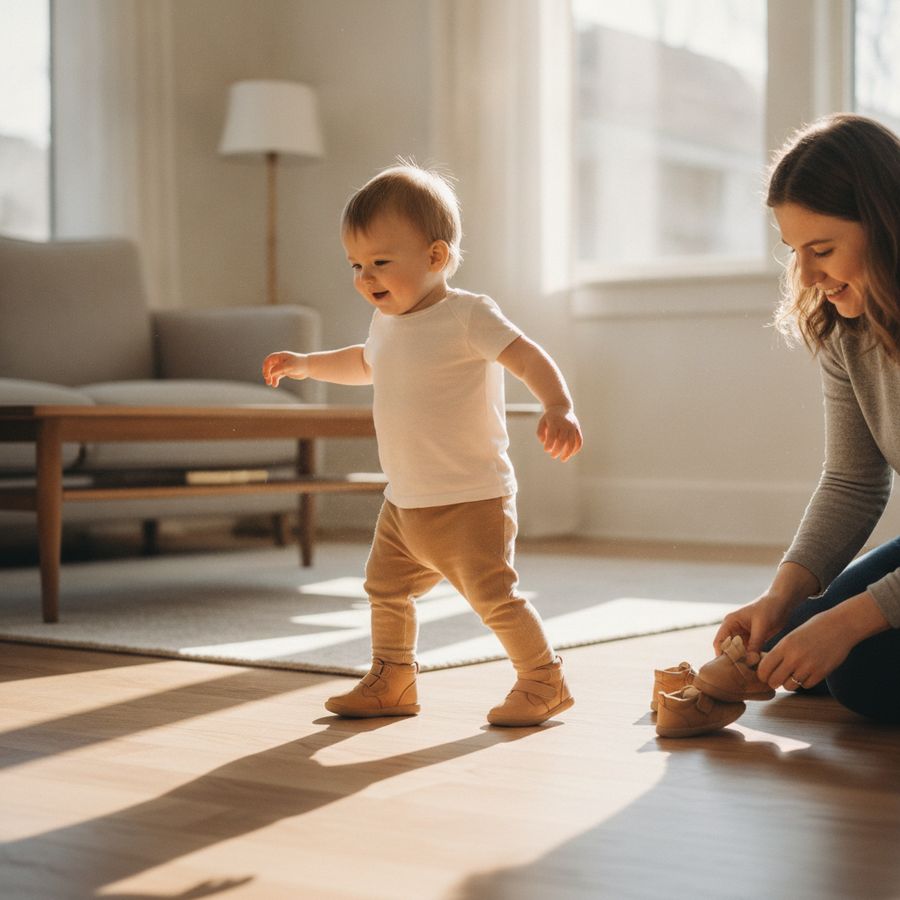 Bimbo che muove i primi passi in casa con un genitore accanto che controlla la calzata delle scarpe.