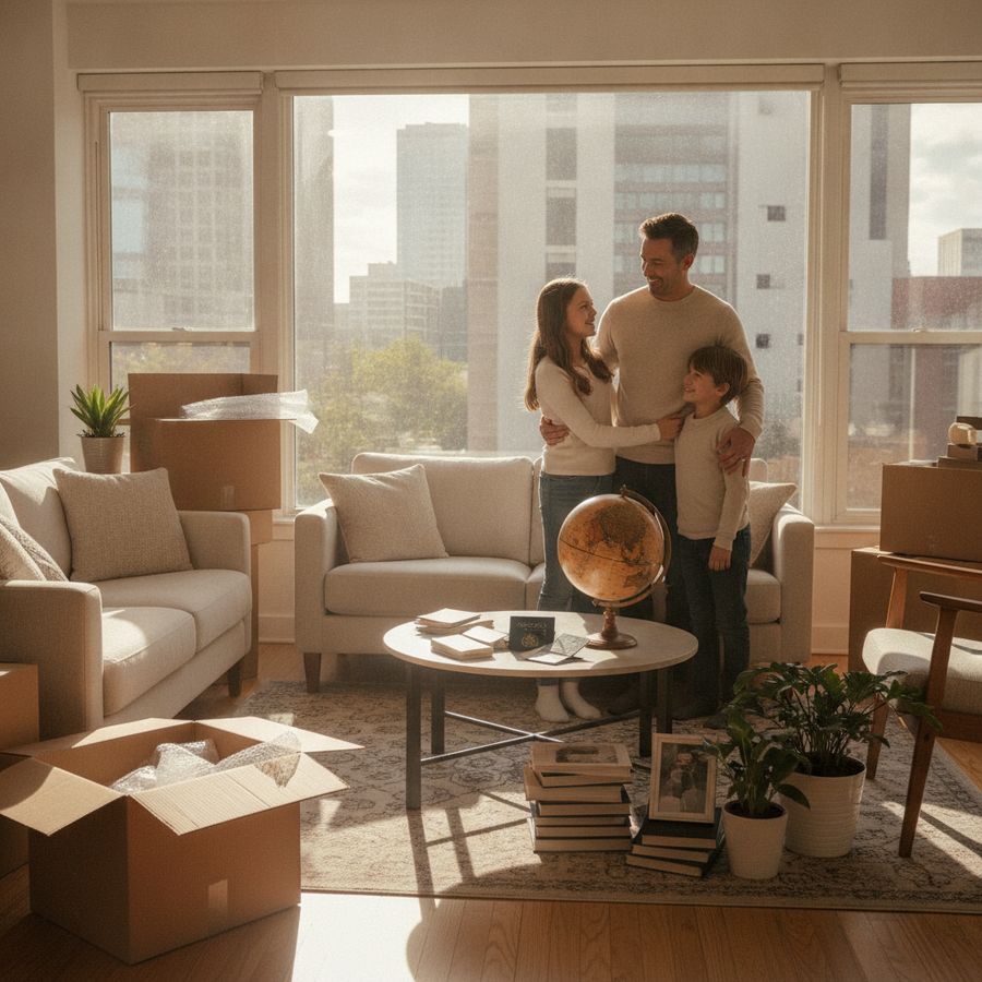 Family in a bright apartment with moving boxes, passports, and organized belongings.
