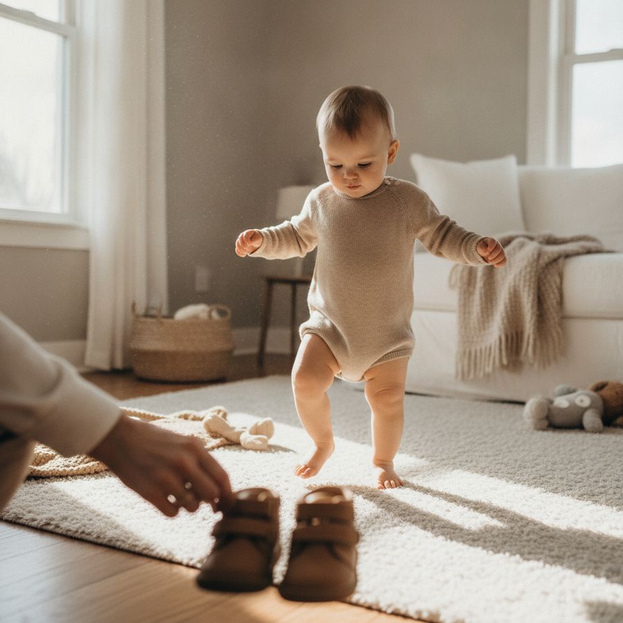 Baby taking wobbly first steps in a bright home while a parent holds small shoes nearby.