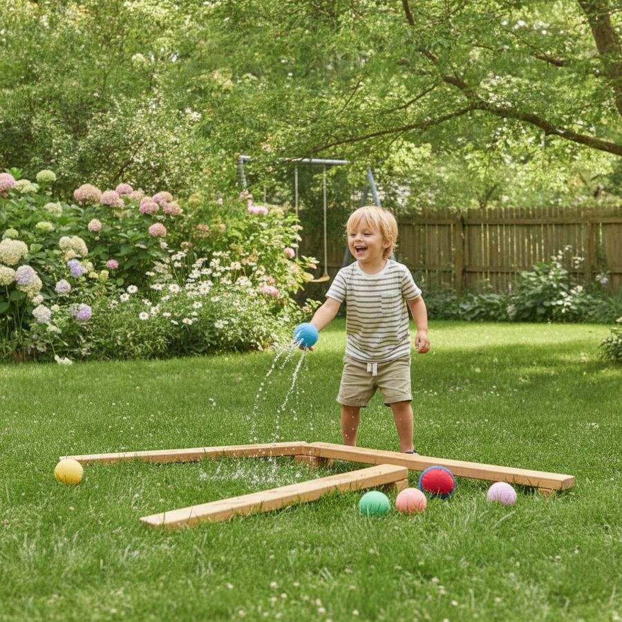 Ett barn leker på gräsmattan med vattenballonger, mjuk boll och låga balansredskap en solig sommardag.