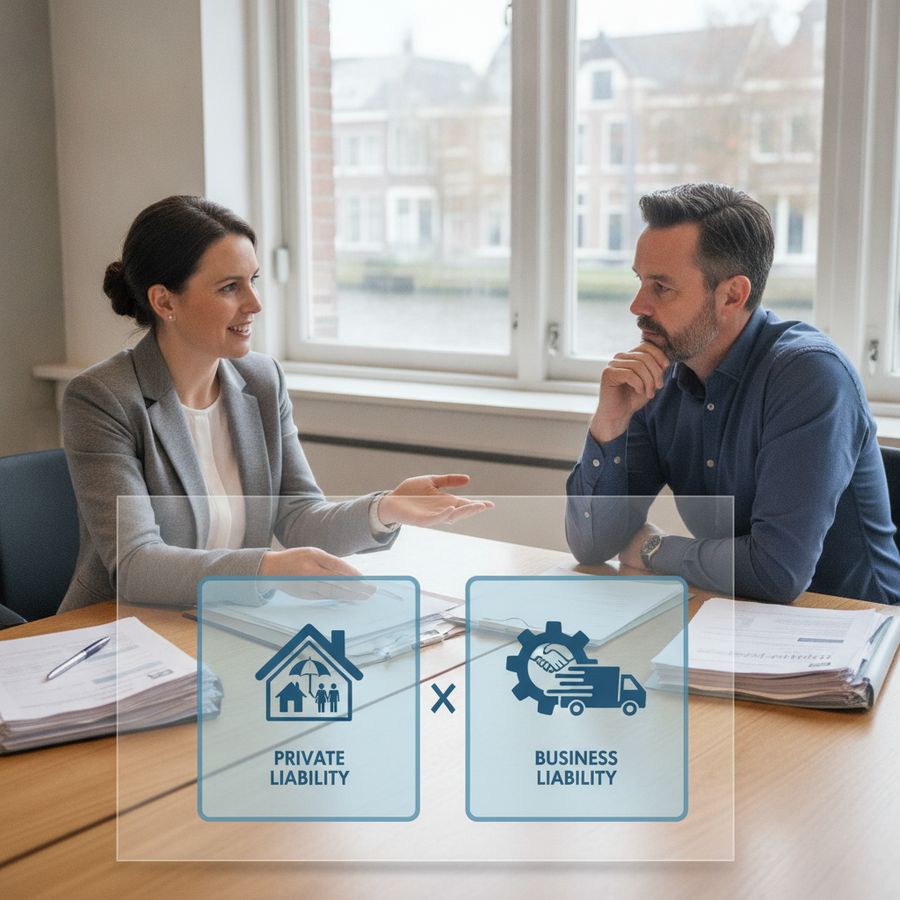 Adviseur en ondernemer bespreken polissen aan een bureau in een lichte kantoorruimte.