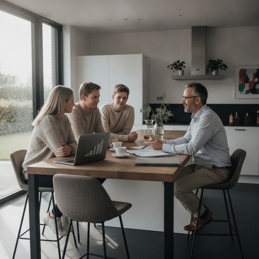Gezin zit aan de keukentafel met adviseur en papieren in een lichte woning.