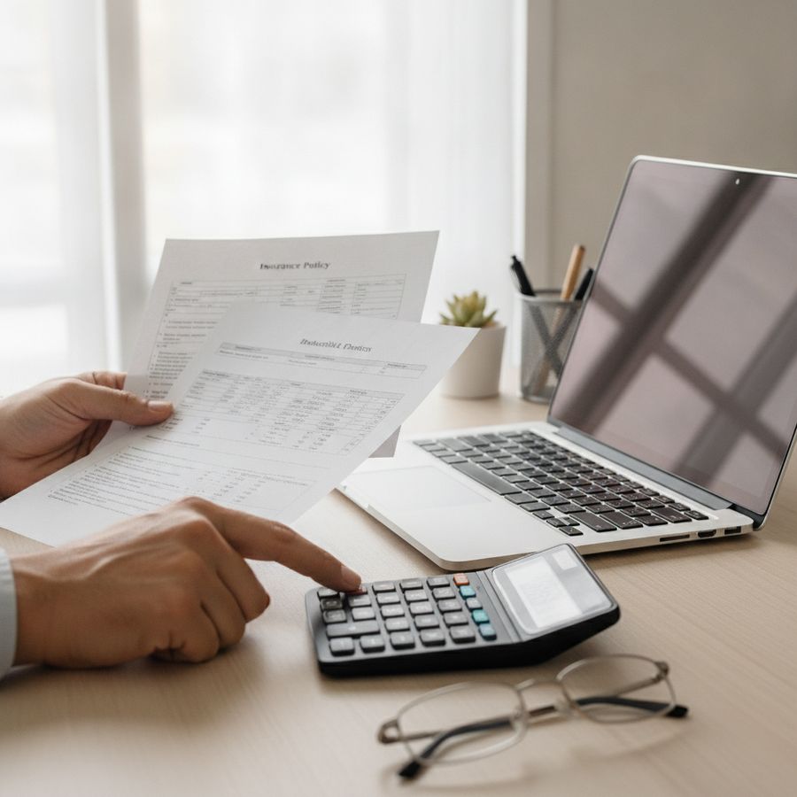Bureau met laptop, calculator en verzekeringspapieren in helder daglicht.