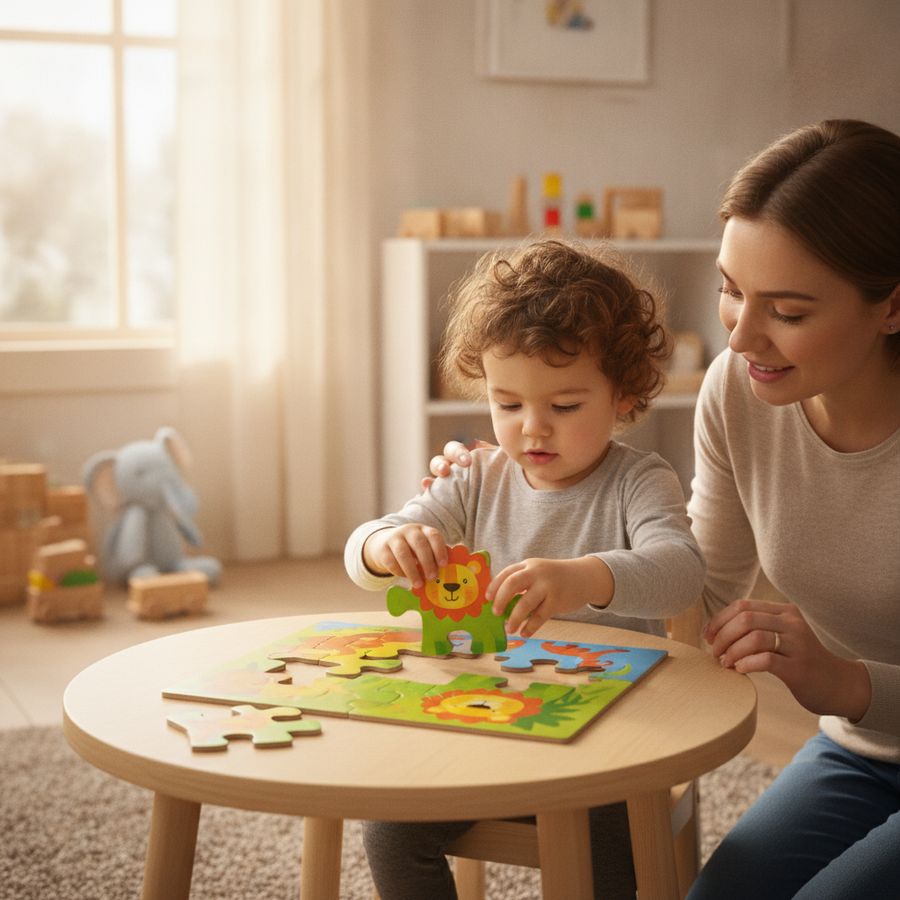 Bambino concentrato su un puzzle colorato al tavolino con un genitore vicino in una stanza luminosa.