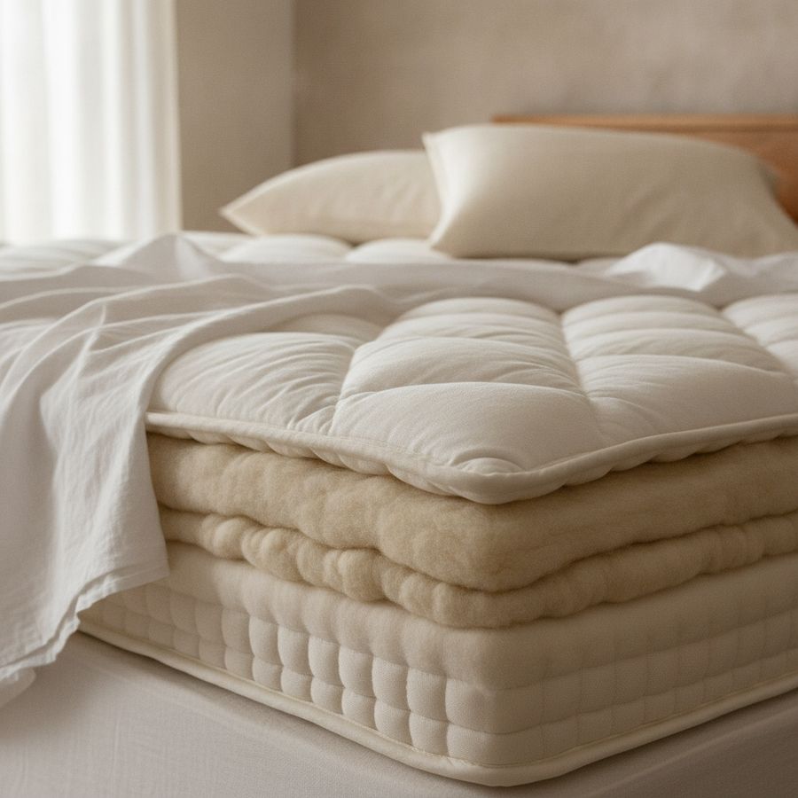 Close-up of a quilted mattress with plush natural fibres and fresh bedding in daylight.
