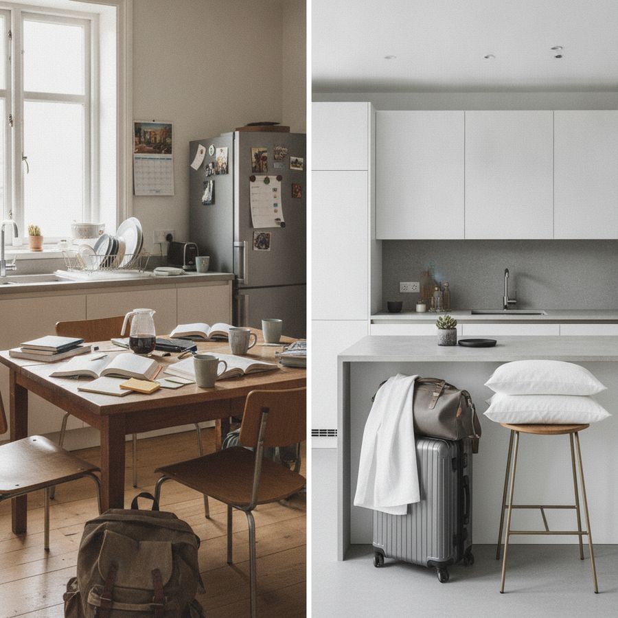 Two bright interiors contrast a student shared kitchen with a tidy short-stay apartment set for guests.