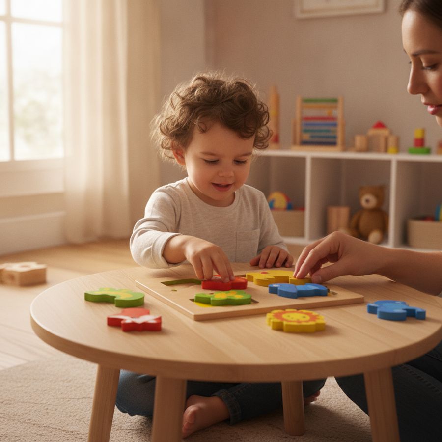 Bambino concentrato su un puzzle colorato al tavolino con un genitore vicino in una stanza luminosa.