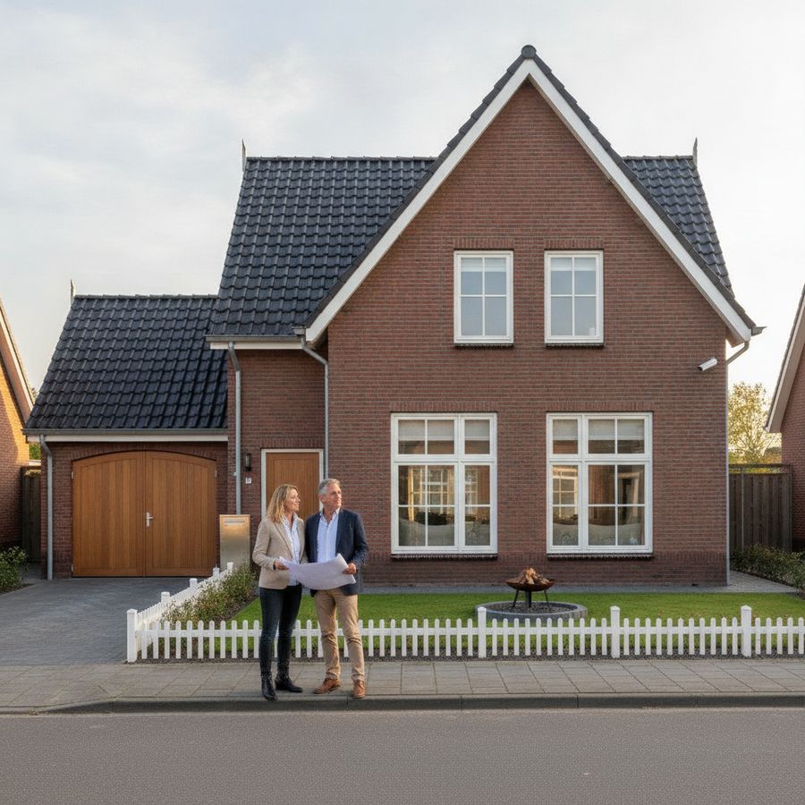 Huiseigenaren staan voor een nette woning in een rustige straat bij daglicht.