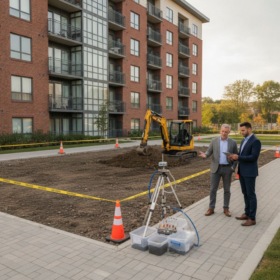 Landlord and adviser inspect disturbed soil beside a rental building in bright daylight.